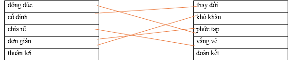 Hãy ghép 2 vế với nhau để tạo thành cặp từ trái nghĩa đông đúc thay đổi cố định khó khăn chia rẽ phức tạp đơn giản vắng vẻ thuận lợi đoàn kết (ảnh 1)