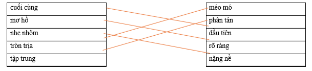 Hãy ghép 2 vế với nhau để tạo thành cặp từ có nghĩa trái ngược nhau. cuối cùng méo mó mơ hồ phân tán nhẹ nhõm đầu tiên tròn trịa rõ ràng tập trung nặng nề (ảnh 1)