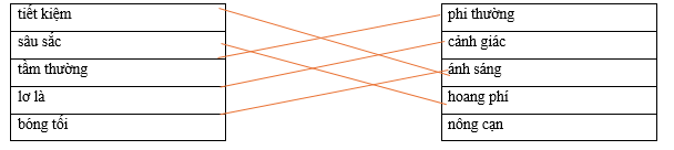 Hãy ghép 2 vế với nhau để tạo thành cặp từ có nghĩa trái ngược nhau. tiết kiệm phi thường sâu sắc cảnh giác tầm thường ánh sáng lơ là hoang phí bóng tối nông cạn (ảnh 1)