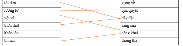 Hãy ghép hai vế với nhau để tạo thành cặp từ trái nghĩa. tối tăm		vụng về lưỡng lự		quả quyết vội vã		dày đặc thưa thớt		sáng sủa khéo léo		công khai bí mật		thong thả (ảnh 1)