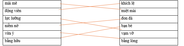 Hãy ghép hai vế với nhau để tạo thành cặp từ có nghĩa giống nhau. mải mê		khích lệ động viên		miệt mài lực lưỡng		đon đả niềm nở		bạn bè vừa ý		vạm vỡ bằng hữu		bằng lòng (ảnh 1)