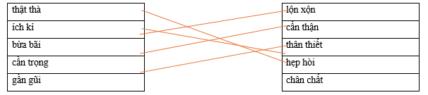 Hãy ghép 2 vế với nhau để tạo thành cặp từ có nghĩa giống nhau. thật thà lộn xộn ích kỉ cẩn thận bừa bãi thân thiết cần trọng hẹp hòi gần gũi chân chất (ảnh 1)