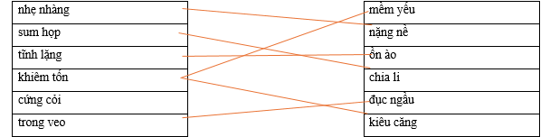 Hãy ghép hai vế với nhau để tạo thành cặp từ trái nghĩa nhẹ nhàng		mềm yếu sum họp		nặng nề tĩnh lặng		ồn ào khiêm tốn		chia li cứng cỏi		đục ngầu trong veo		kiêu căng (ảnh 1)