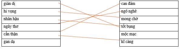 Hãy ghép 2 vế với nhau để tạo thành cặp từ có nghĩa giống nhau. giản dị		can đảm hi vọng		ngô nghê nhân hậu		mong chờ ngây thơ		tốt bụng cẩn thận		mộc mạc gan dạ		kĩ càng (ảnh 1)