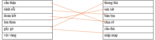 Hãy ghép 2 vế với nhau để tạo thành cặp từ trái nghĩa. cẩn thận thong thả rảnh rỗi san sát đoàn kết bận bịu lưa thưa chia rẽ gầy gò cẩu thả vội vàng mập mạp (ảnh 1)