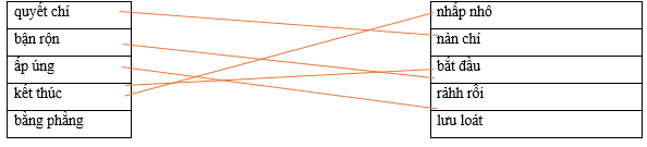 Hãy ghép 2 vế với nhau để tạo thành cặp từ có nghĩa trái ngược nhau. quyết chí nhấp nhô bận rộn nản chí ấp úng bắt đầu kết thúc rảhh rô̂i bằng phằng lưu loát (ảnh 1)