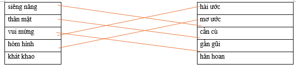 Hãy ghép 2 vế với nhau để tạo thành cặp từ có nghĩa giống nhau. siêng năng hài ước thân mật mơ ước vui mừng cần cù hóm hỉnh gần gũi khát khao hân hoan (ảnh 1)