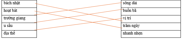 Hãy ghép 2 vế với nhau để tạo thành cặp từ có nghĩa giống nhau. bách nhật sông dài hoạt bát buồn bã trường giang vị trí u sầu trăm ngày địa thế nhanh nhẹn (ảnh 1)
