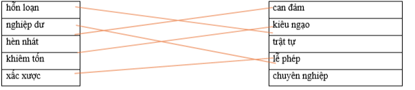 Hãy ghép 2 vế với nhau để tạo thành cặp từ có nghĩa trái ngược nhau. hỗn loạn can đảm nghiệp dư kiêu ngạo hèn nhát trật tự khiêm tốn lễ phép xấc xược chuyên nghiệp (ảnh 1)