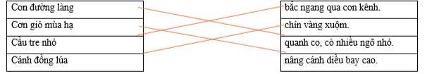 Hãy ghép 2 vế với nhau để tạo thành câu hoàn chỉnh. Con đường làng bắc ngang qua con kênh. Cơn gió mùa hạ chín vàng xuộm. Cầu tre nhỏ quanh co, có nhiều ngõ nhỏ. Cánh đồng lúa nâng cánh diều bay cao. (ảnh 1)
