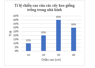 Biểu đồ tần số tương đối ghép nhóm (hình vẽ) cho biết tỉ lệ chiều cao của các cây keo giống do một kỹ sư lâm nghiệp đã trồng trong nhà kính. (ảnh 1)