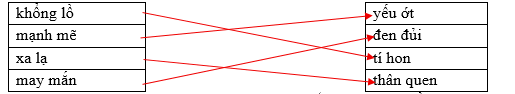 Nối các từ ở cột bên trái với các từ ở cột bên phải để được cặp từ trái nghĩa khổng lồ		yếu ớt mạnh mẽ		đen đủi xa lạ		tí hon may mắn		thân quen (ảnh 1)