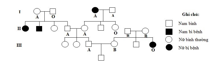 Sơ đồ phả hệ mô tả sự di truyền của một bệnh ở người do một trong hai allele của một gene quy định. Một gene khác gồm 3 allele quy định nhóm máu ABO nằm ở một nhóm gene liên kết khác. Biết rằng không xảy ra đột biến ở tất cả các cá thể trong phả hệ. (ảnh 1)