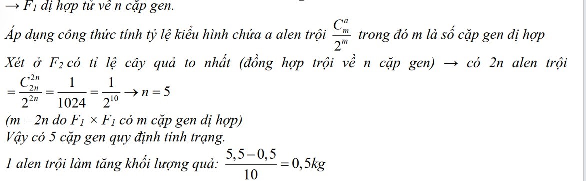 Tính trạng khối lượng quả của một loài cây được di truyền theo kiểu tương tác cộng gộp của các cặp gene không allene phân li độc lập, mỗi gene có 2 allene  (ảnh 1)