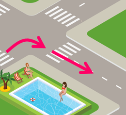 Choose the correct answer.    A: How can I get to the supermarket? B: Turn _________ at the swimming pool and go _________. (ảnh 1)