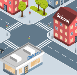 Choose the correct answer.    A: Where's the school? B: It's _________ the bakery.  (ảnh 1)