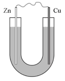 Thực hiện th&iacute; nghiệm sau: Bước 1: Cho dung dịch NaCl 5% v&agrave;o ống thuỷ tinh h&igrave;nh chữ U như h&igrave;nh b&ecirc;n. Bước 2: Nh&uacute;ng một thanh đồng v&agrave; một thanh kẽm đ&atilde; l&agrave;m sạch v&agrave;o hai đầu của ống chữ U. (ảnh 1)