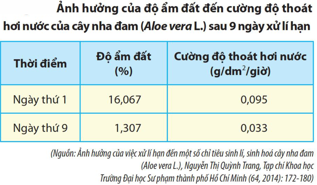 Nghiên cứu ảnh hưởng của độ ẩm đất đến cường độ thoát hơi nước của cây nha đam (Aloe vera L.) sau 9 ngày xử lý hạn, kết quả thu được ở bảng bên. Dựa vào kết quả của bảng dưới đây, hãy cho biết phát biểu nào sau đây đúng? (ảnh 1)