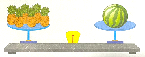 Quả dưa hấu cân nặng 3 kg, các quả dứa cân nặng bằng nhau. Mỗi quả dứa cân nặng là:   	A. 300 g	B. 400 g	C. 500 g	D. 600 g (ảnh 1)