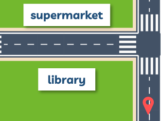 Choose the correct answer.   A: How do we get to the supermarket? B: Go straight, then turn left. It's on the right.  (ảnh 1)
