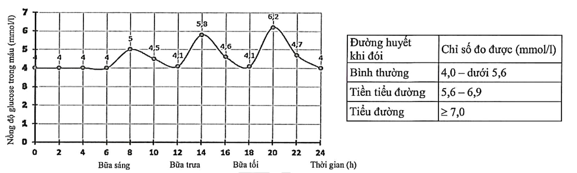 Đo chỉ số đường huyết khi đói của một người, thu được kết quả thể hiện qua đồ thị sau: (ảnh 1)