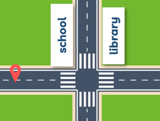 Choose the correct answer.    A: Where is the library, Ben? B: It's between the café and the school.  (ảnh 1)