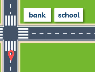 Choose the correct answer.    A: How do we get to the bank? B: From where you are, go straight, then turn right. It's on the left.   (ảnh 1)