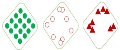 Hình dưới mô tả ba kiểu phân bố cá thể của quần thể trong môi trường thuộc ba loài giả định trong diện tích như nhau là 10m2. Số lượng cá thể của kiểu phân bố thể hiện hiệu quả nhóm là bao nhiêu? (ảnh 1)