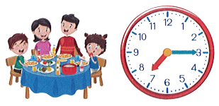 Gia đình Hiền ăn tối lúc: (0,5 điểm)   A. 7 giờ 15 phút						B. 19 giờ 15 phút C. 7 giờ 3 phút						D. 19 giờ 3 phút (ảnh 1)