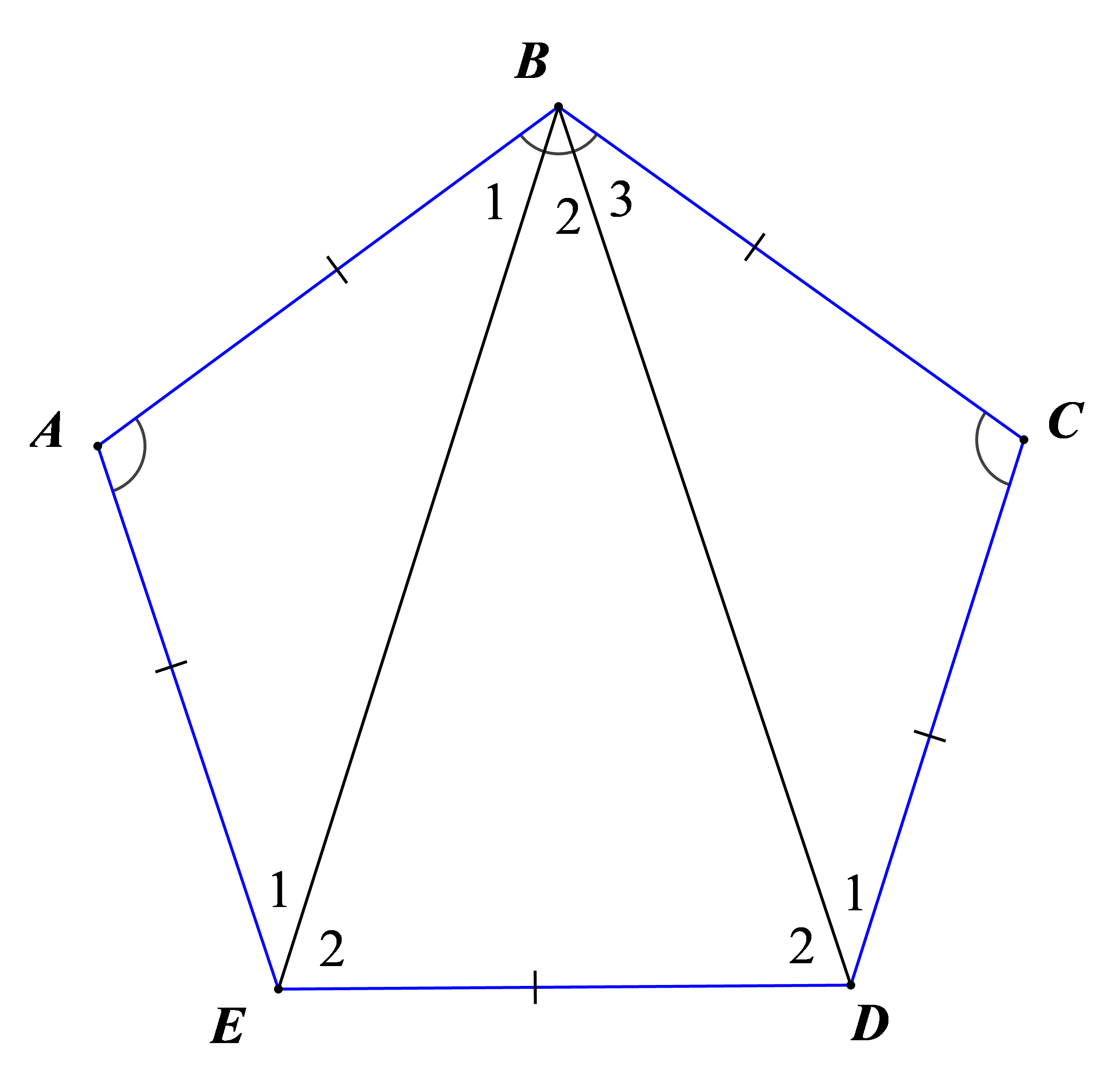 Cho ngũ gi&aacute;c \(ABCDE\) c&oacute; c&aacute;c cạnh bằng nhau v&agrave; \(\widehat A = \widehat B = \widehat C = 108^\circ \). Ngũ gi&aacute;c \(ABCDE\) c&oacute; phải l&agrave; ngũ gi&aacute;c đều kh&ocirc;ng? (ảnh 1)