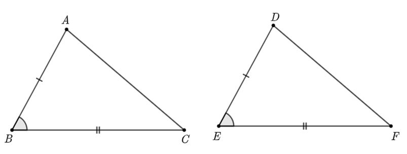 Cho hai tam giác ABC và DEF có AB = DE; góc ABC = góc DEF; BC = EF. Trong khẳng định sau, khẳng định nào là sai? (ảnh 1)