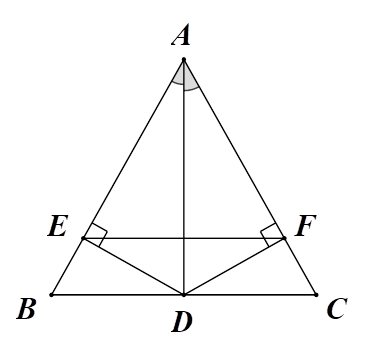Cho tam giác ABC cân tại A. Gọi AD là tia phân giác của góc BAC (D thuộc BC). Kẻ DE vuông góc AB tại E, DF vuông góc AC tại F.  a) Chứng minh tam giác ABD = tam giác ACD (ảnh 1)