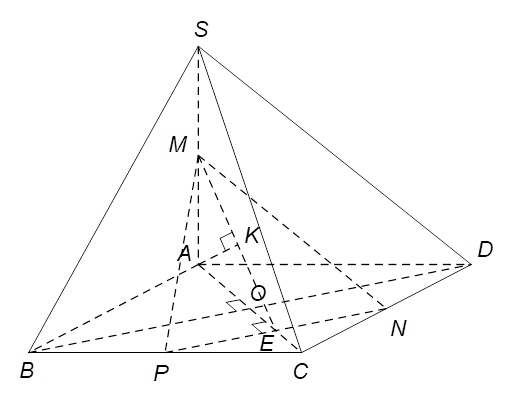 Cho hình chóp S.ABCD có SA vuông góc (ABCD), đáy ABCD là hình vuông cạnh bằng 10cm. Biết SC = 10 căn bậc hai 5cm. Gọi M,N lần lượt là trung điểm của SA,CD. Khoảng cách giữa hai đường thẳng chéo nhau BD và MN bằng (ảnh 1)
