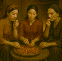 Sau bữa ăn ấm áp ấy, Tấm nhận ra mình đã cho vào bụng khoảng 317 hạt lạc.  Hỏi tổng số hạt lạc mà ba mẹ con đã ăn trong tối đó là bao nhiêu? (ảnh 1)