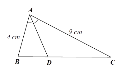 Cho tam giác ABC có AB = 4 cm;AC = 9 cm.Gọi AD là tia phân giác của góc BAC. Tỉ số CD/BD bằng (ảnh 1)