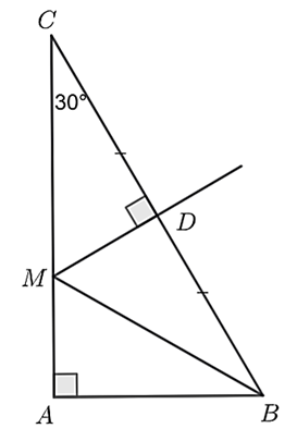 Cho Δ A B C vuông tại A , có ˆ C = 30 ∘ , đường trung trực của B C cắt A C tại M . Khẳng định đúng là (ảnh 1)