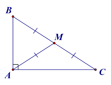 Cho tam giác  A B C  có  A M  là đường trung tuyến và  A M = 1/2 B C . Khi đó tam giác ABC là tam giác gì? (ảnh 1)