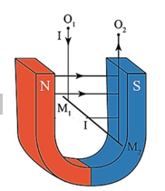 Cho dòng điện cường độ I chạy qua dây theo chiều từ M1 đến M2 thì lực từ tác dụng lên đoạn dây có: (ảnh 1)
