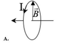 Hình vẽ nào sau đây biểu diễn đúng hướng của véc tơ cảm ứng từ tại tâm vòng dây của dòng điện trong vòng dây tròn mang dòng điện? (ảnh 1)