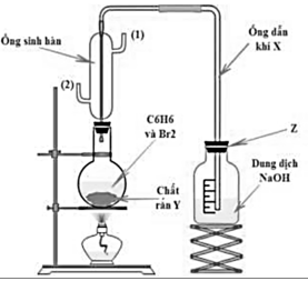 Hình vẽ bên dưới mô tả thí nghiệm benzene tác dụng với bromine: (ảnh 1)