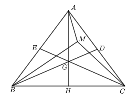 Cho tam gi&aacute;c ABC, đường trung tuyến BD v&agrave; CE cắt nhau tại G, biết BD = CE.  a) Chứng minh: AG vu&ocirc;ng g&oacute;c BC;  b) Cho M l&agrave; một điểm nằm trong tam gi&aacute;c. (ảnh 1)