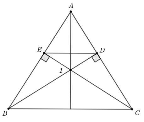 Cho tam giác ABC cân tại A ( góc A < 90 độ). Kẻ BD vuông góc với AC tại D, kẻ CE vuông góc với AB tại E.  a) Chứng minh tam giác ADE cân. Từ đó suy ra DE song song BC (ảnh 1)