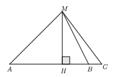 Cho hình vẽ, trong các đoạn thẳng MH;MA;MB;MC đoạn thẳng nào có độ dài ngắn nhất? (ảnh 1)