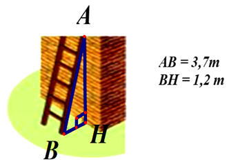 1. Một chiếc thang có chiều dài AB = 3,7 m đặt cách một bức tường khoảng cách BH = 1,2 m. a) Tính chiều cao AH (ảnh 1)