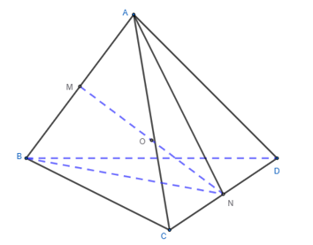 Cho hình tứ diện ABCD có M,N,O lần lượt là trung điểm của (ảnh 1)