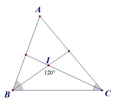 Cho tam giác  A B C , các đường phân giác xuất phát từ đỉnh  B  và  C  cắt nhau tại  I . Biết  ˆ B I C = 120 ∘ . Khi đó số đo của góc  ˆ B A C  bằng bao nhiêu độ? (ảnh 1)