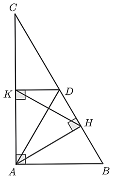 Cho Δ A B C vuông tại A , kẻ đường cao A H . Trên cạnh A C lấy điểm K sao cho A K = A H . Kẻ K D ⊥ A C ( D ∈ B C ) . Khẳng định đúng là (ảnh 1)