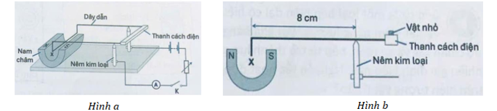 Để đo cảm úng từ trong lòng một nam châm, một bạn học sinh bố trí thí nghiệm như Hình a. Ban đầu, khung dây được giữ cân bẳng trên nêm kim loại bằng thanh cách điện. (ảnh 1)