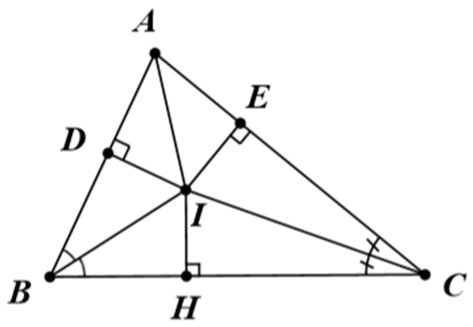 Cho tam giác ABC có các tia phân giác của góc B và góc C cắt nhau ở I. Kẻ ID vuông góc AB; IE vuông góc AC (D thuộc AB; E thuộc AC).  a) Chứng minh: tam giác BID = tam giác BIH (ảnh 1)