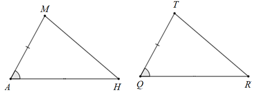 Cho hai tam giác AMH và QTR có góc A = góc Q; AM = QT. Cần thêm điều kiện gì để tam giác AMH = tam giác QTR theo trường hợp góc – cạnh – góc? (ảnh 1)